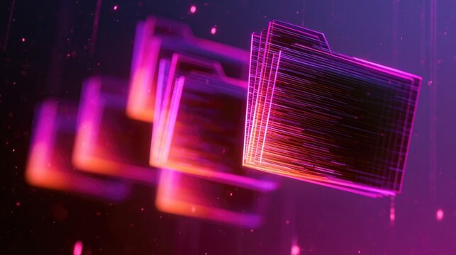Digital folders with vibrant neon lines on a dark, glowing background