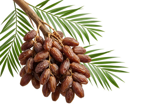 Fresh sweet dates bunch on palm leaf isolated on white background with tropical delicious vegetarian nutrition ingredient isolated background culinary sweetness cucurbita