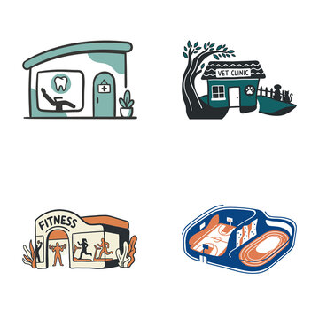 Minimal 2x2 icon set Vol14 featuring dental surgery, veterinary clinic, health fitness gym, and outdoor sports stadium facilities