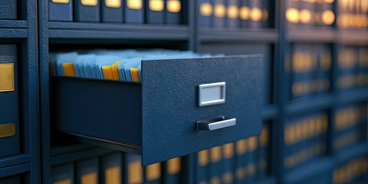 Close-up of a dark blue file cabinet with one drawer open, filled with blue folders