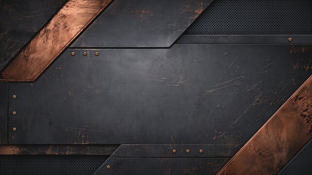 Industrial dark metal plates with copper accents and rivets background