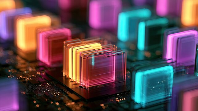 Illuminated digital data folders glow on a circuit board, tech concept