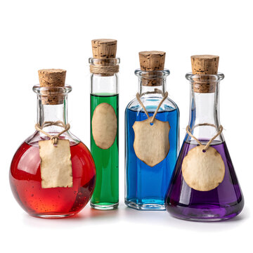 Group of glass potion bottles with colorful liquids and rustic parchment labels