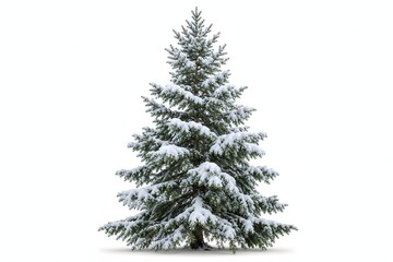 Fototapeta premium Snow covered evergreen spruce tree isolated on white background.