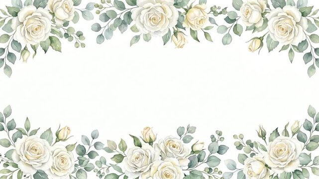 Watercolor white rose and eucalyptus floral border frame.
