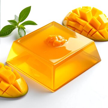 Fresh mango jelly dessert with whole mangoes and leaves.