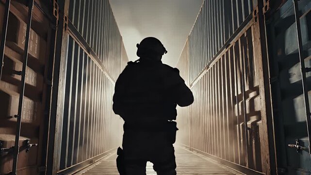 Soldier in silhouette holding rifle between shipping containers