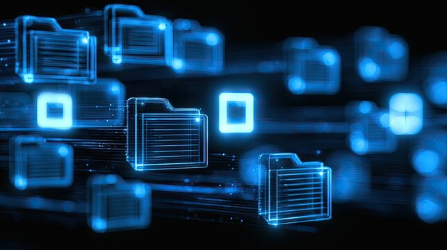 Glowing blue digital folders with data streams on black background