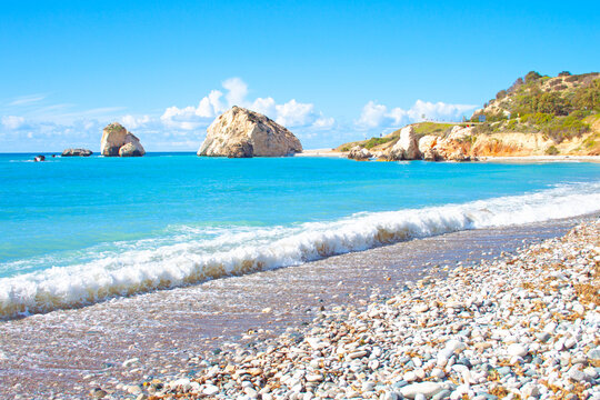 Scenic touristic destination of 'Petra tou Romiou' or 'Aphrodite's Rock' beach on the island of Cyprus