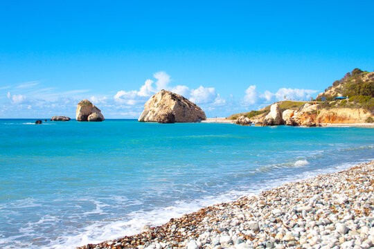 Scenic touristic destination of 'Petra tou Romiou' or 'Aphrodite's Rock' beach on the island of Cyprus