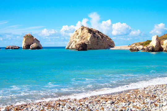 Scenic touristic destination of 'Petra tou Romiou' or 'Aphrodite's Rock' beach on the island of Cyprus