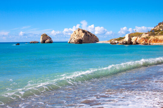 Scenic touristic destination of 'Petra tou Romiou' or 'Aphrodite's Rock' beach on the island of Cyprus