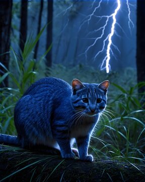 A neon indigo pampas cat thunder lit forest