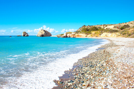 Scenic touristic destination of 'Petra tou Romiou' or 'Aphrodite's Rock' beach on the island of Cyprus