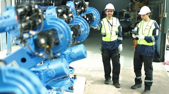 Team male robotics engineers inspects the import electric welding robots in front factory that assembles robot arms and installs electronic equipment for export  industrial businesses.