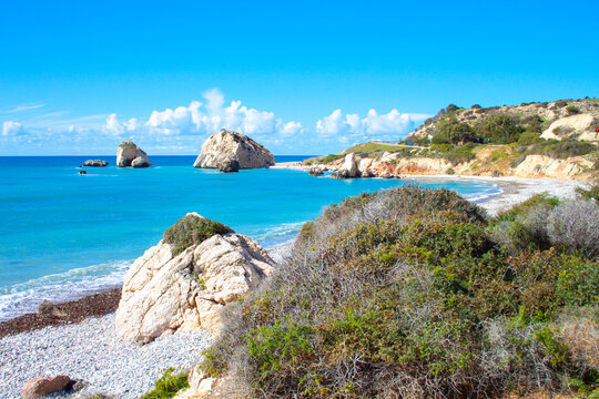 Scenic touristic destination of 'Petra tou Romiou' or 'Aphrodite's Rock' beach on the island of Cyprus