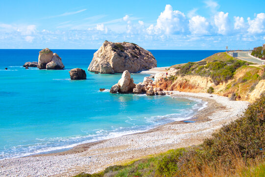 Scenic touristic destination of 'Petra tou Romiou' or 'Aphrodite's Rock' beach on the island of Cyprus