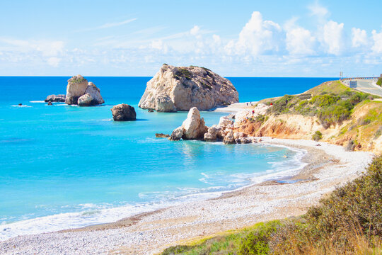 Scenic touristic destination of 'Petra tou Romiou' or 'Aphrodite's Rock' beach on the island of Cyprus