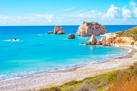Scenic touristic destination of 'Petra tou Romiou' or 'Aphrodite's Rock' beach on the island of Cyprus