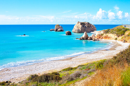 Scenic touristic destination of 'Petra tou Romiou' or 'Aphrodite's Rock' beach on the island of Cyprus