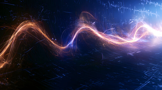 Conceptual quantum wave function diagrams and intricate mathematical physics equations displayed in a 3D glowing light wave visualization