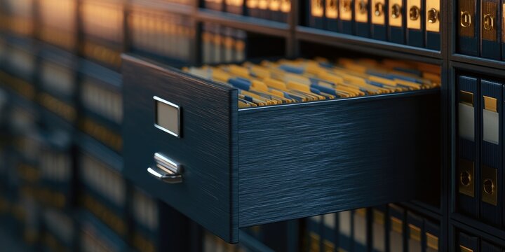An open file drawer reveals neatly organized folders within a shelf of binders