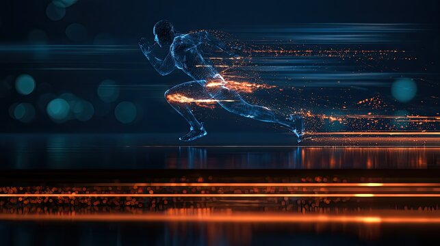 Digital runner dissolving into light particles, motion blur, futuristic speed concept