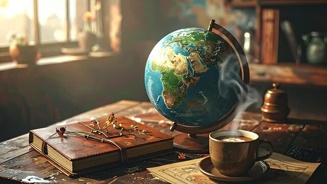 A vintage globe sits on a desk with a steaming coffee cup