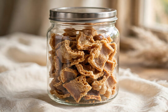 Crispy Traditional Kerupuk Crackers in Glass Jar on White Cloth