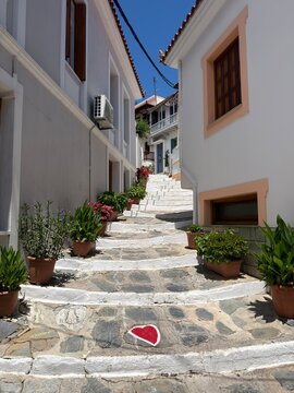 street in skopelos town in  greece