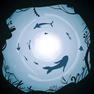 circular underwater silhouette scene vector style fish swirl animated loop background illustration