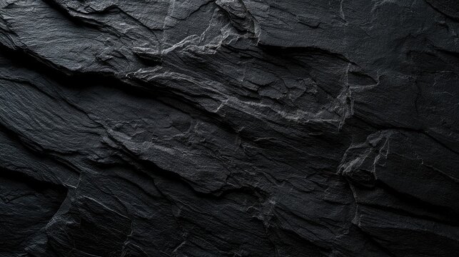 Close-up, textured, dark gray stone surface with rough, layered facets