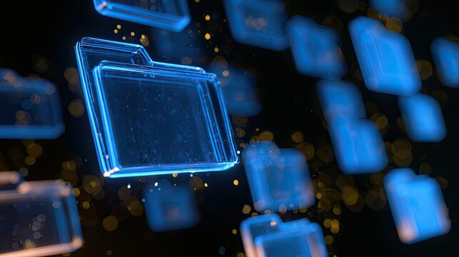Glowing digital folders float in a dark, sparkling cyberspace