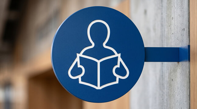 Blue circle icon showing a person reading a book for library or school signage