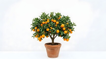 Naklejka premium Potted citrus tree with ripe orange fruit in terracotta pot
