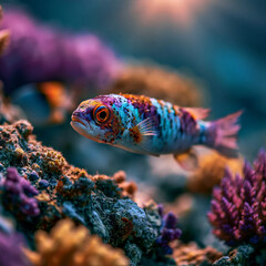 Fototapeta premium Colorful small tropical fish swimming near coral reef with tropical, underwater