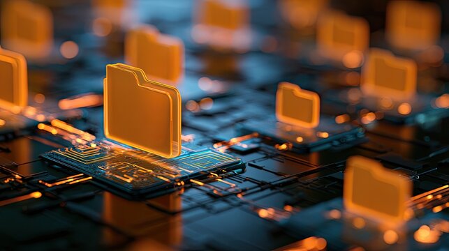 Glowing digital folders on a futuristic circuit board create a data network
