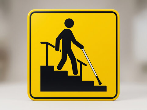 Yellow road sign showing a blind person walking down the stairs with a white cane for safety