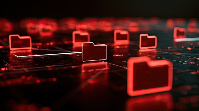 Digital folders glow red in a connected, abstract network of data