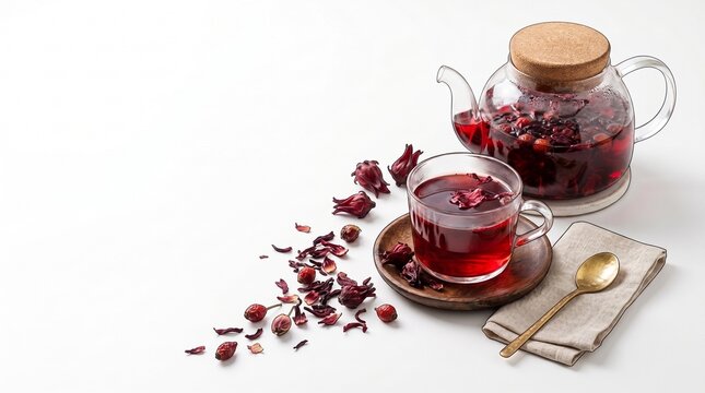 Glass teapot and cup with red hibiscus tea on white background. Dried hibiscus flowers and berry near herbal drink. Healthy organic beverage concept for cafe and restaurant menu.