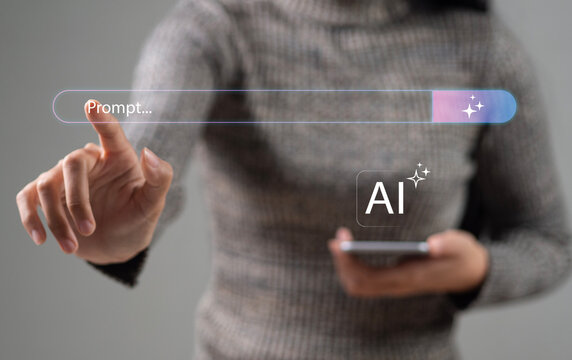 Business professionals use smartphones with cutting-edge AI-powered search bar interfaces, chatbot queries, and AI-enabled notification interactions Digital assistant technology