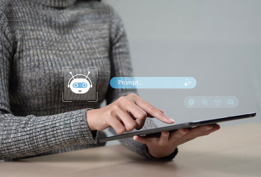 Business professionals use smartphones with cutting-edge AI-powered search bar interfaces, chatbot queries, and AI-enabled notification interactions Digital assistant technology