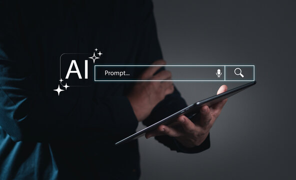 Business professionals use smartphones with cutting-edge AI-powered search bar interfaces, chatbot queries, and AI-enabled notification interactions Digital assistant technology