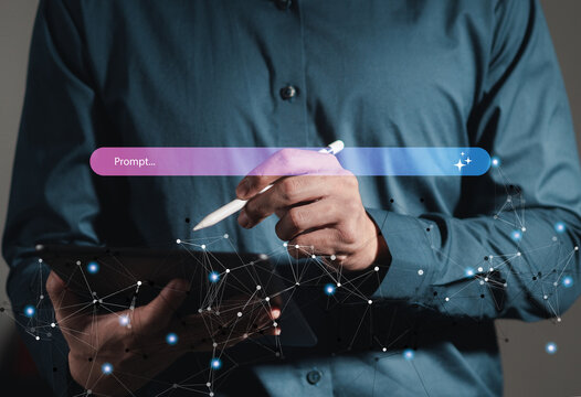 Business professionals use smartphones with cutting-edge AI-powered search bar interfaces, chatbot queries, and AI-enabled notification interactions Digital assistant technology