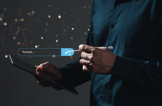 Business professionals use smartphones with cutting-edge AI-powered search bar interfaces, chatbot queries, and AI-enabled notification interactions Digital assistant technology