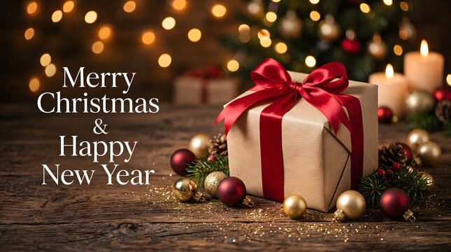 Wrapped christmas gift box featuring red silk ribbon bow resting on rustic wooden table with golden glowing holiday bokeh lights