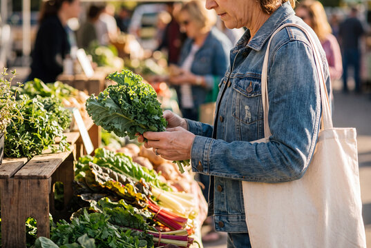 Woman selecting fresh kale at outdoor farmers market leafy greens stall