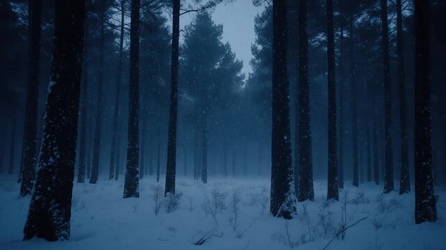 Snow falling in a dark pine forest at night