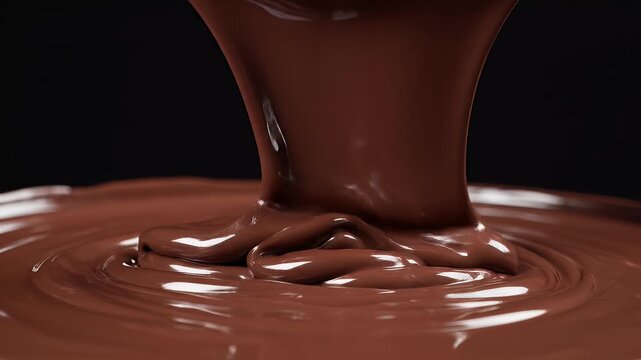 Rich, glossy melted chocolate cascades into a pool, creating swirling patterns