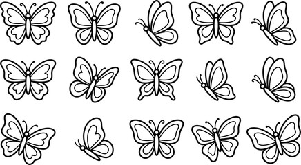 Collection of hand drawn butterfly illustrations in various poses isolated on transparent background © Mansura